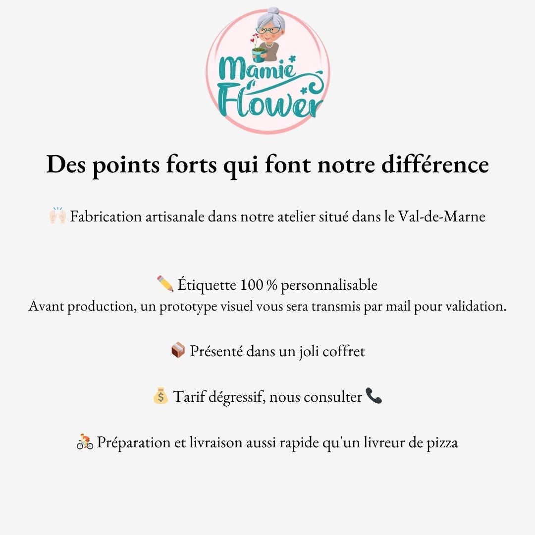 Avantages Mamie Flower : fabrication artisanale Val-de-Marne, coffret cadeau inclus, tarifs dégressifs et livraison rapide