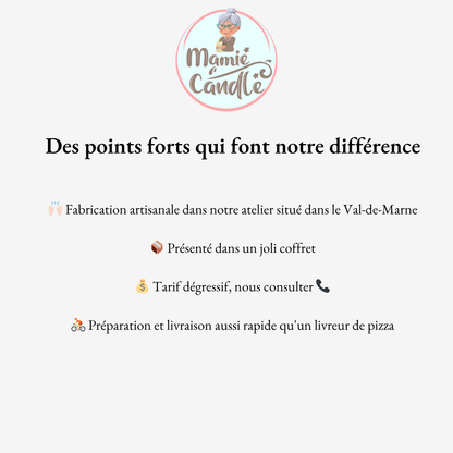 Avantages Mamie Candle : fabrication artisanale Val-de-Marne, coffret cadeau inclus, tarifs dégressifs et livraison rapide