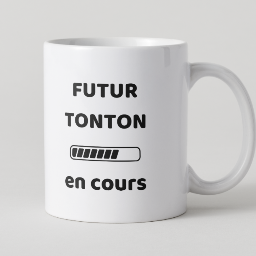 Mug blanc avec texte Futur Tonton en cours et visuel barre de chargement.