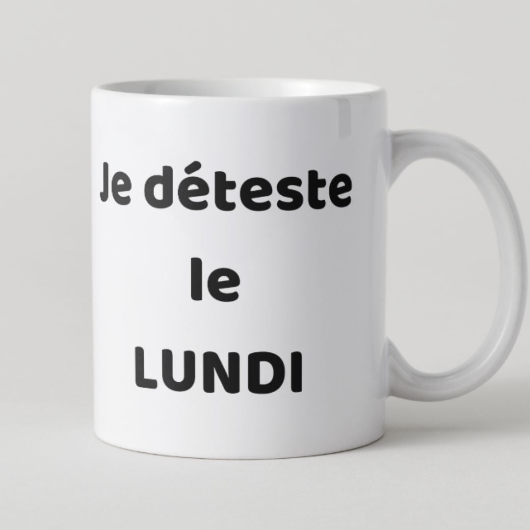 Mug blanc avec inscription Je déteste le lundi en noir