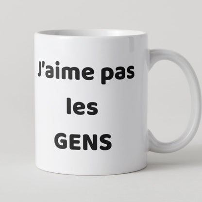 Mug blanc avec inscription noire J'aime pas les gens en majuscules