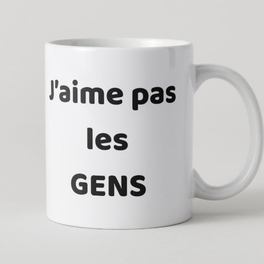 Mug blanc avec inscription noire J'aime pas les gens en majuscules